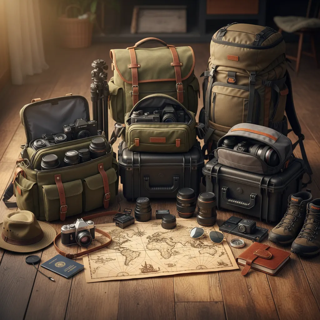 Camera backpack next to travel equipment at an airport