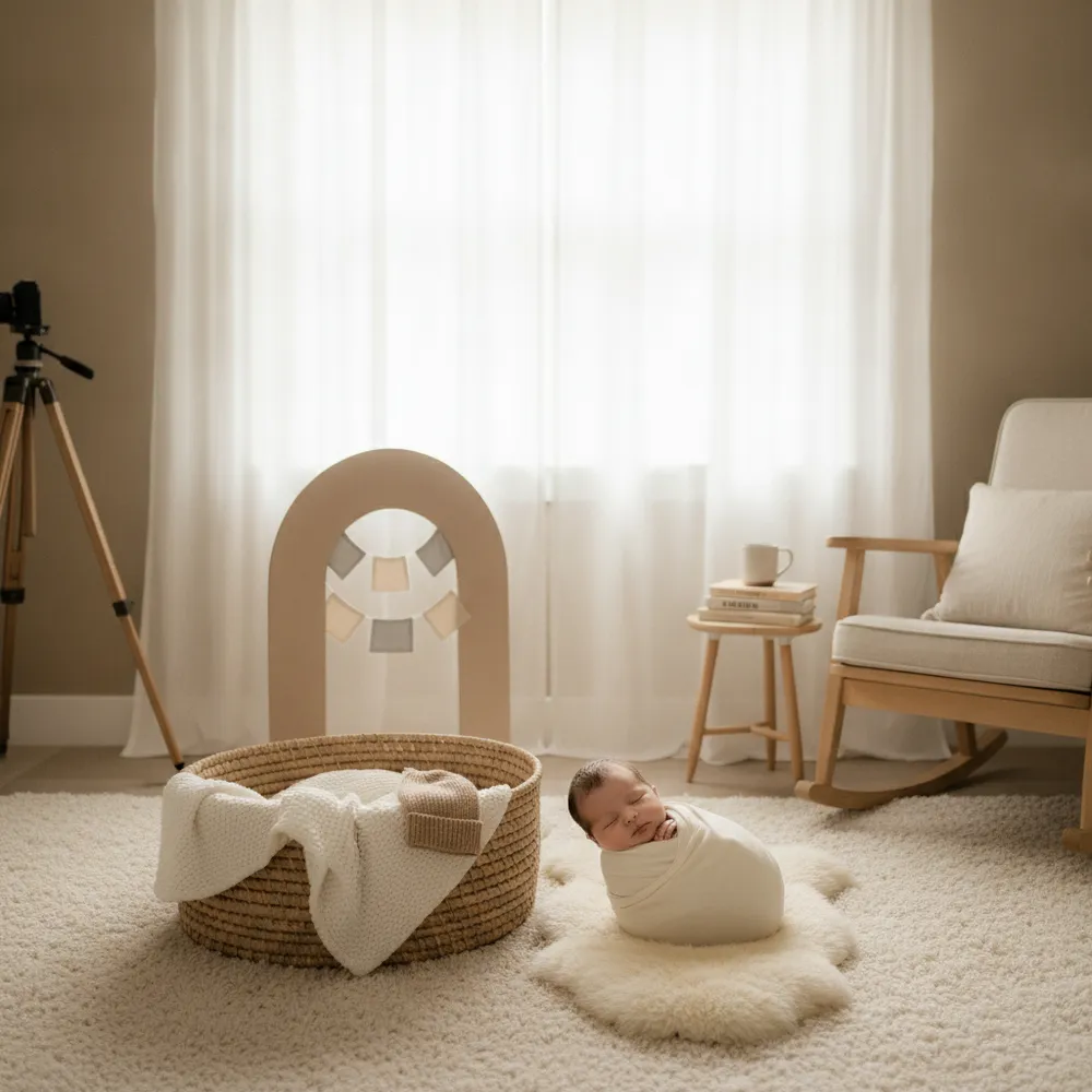 Newborn photographed in soft natural window light at home