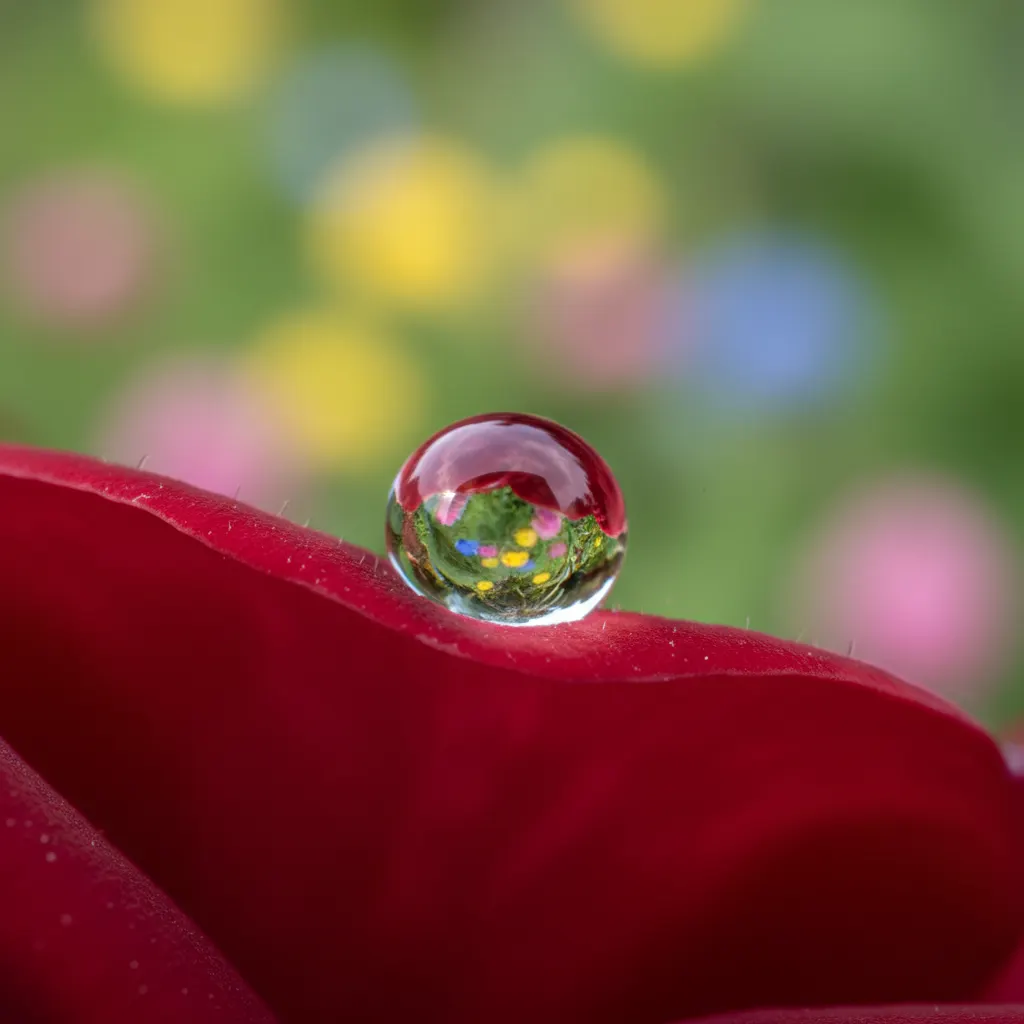 Extreme close-up macro photograph of a dewdrop on a flower petal