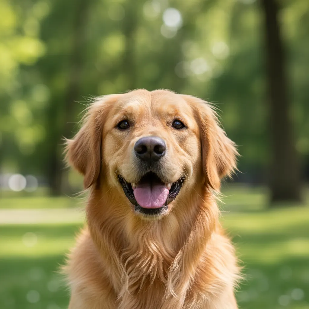 Sharp close-up portrait of a golden retriever with catchlights in its eyes against a blurred green background