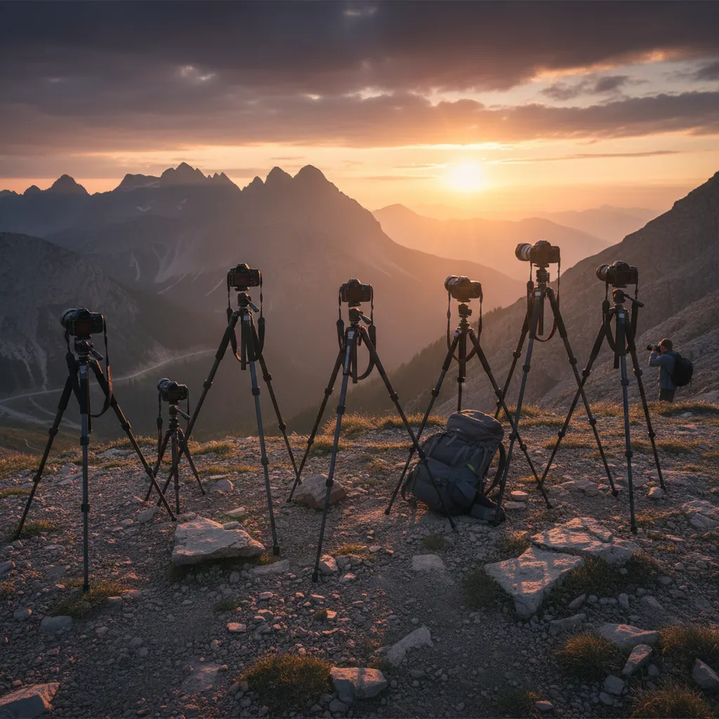 Camera mounted on a professional tripod at sunset overlooking mountains